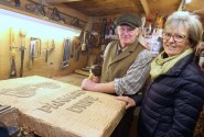 Maggie Abel and woodcarver Carl Preston in Mr Prestons Scarning workshop sm