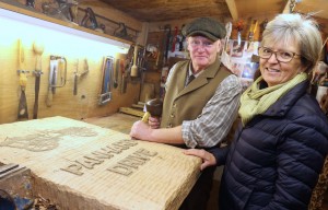 Maggie Abel and woodcarver Carl Preston in Mr Prestons Scarning workshop sm